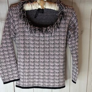 Zara Signature by Bette Light Pink Black Fringed Sweater 3/4 sleeve women small